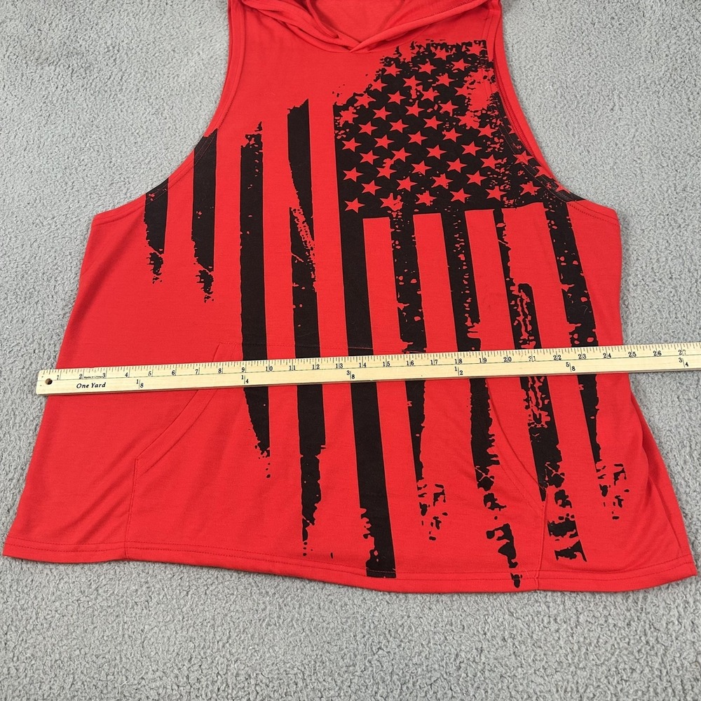 American Flag Tank Top Mens 2XL Red Hooded Sleeveless Pocket USA Patriotic Gym - Picture 10 of 15